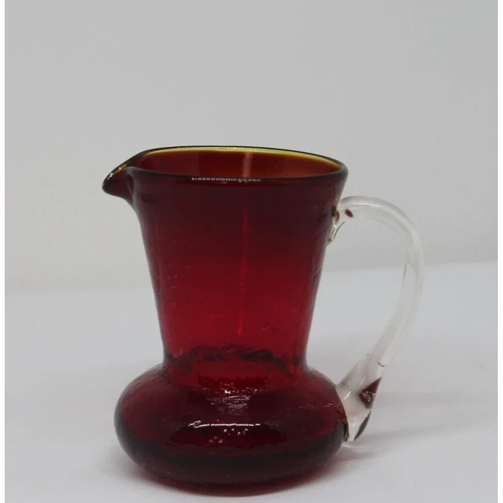 Art Glass Handblown Amberina Red Crackle Mini Glass Pitcher. 3.5